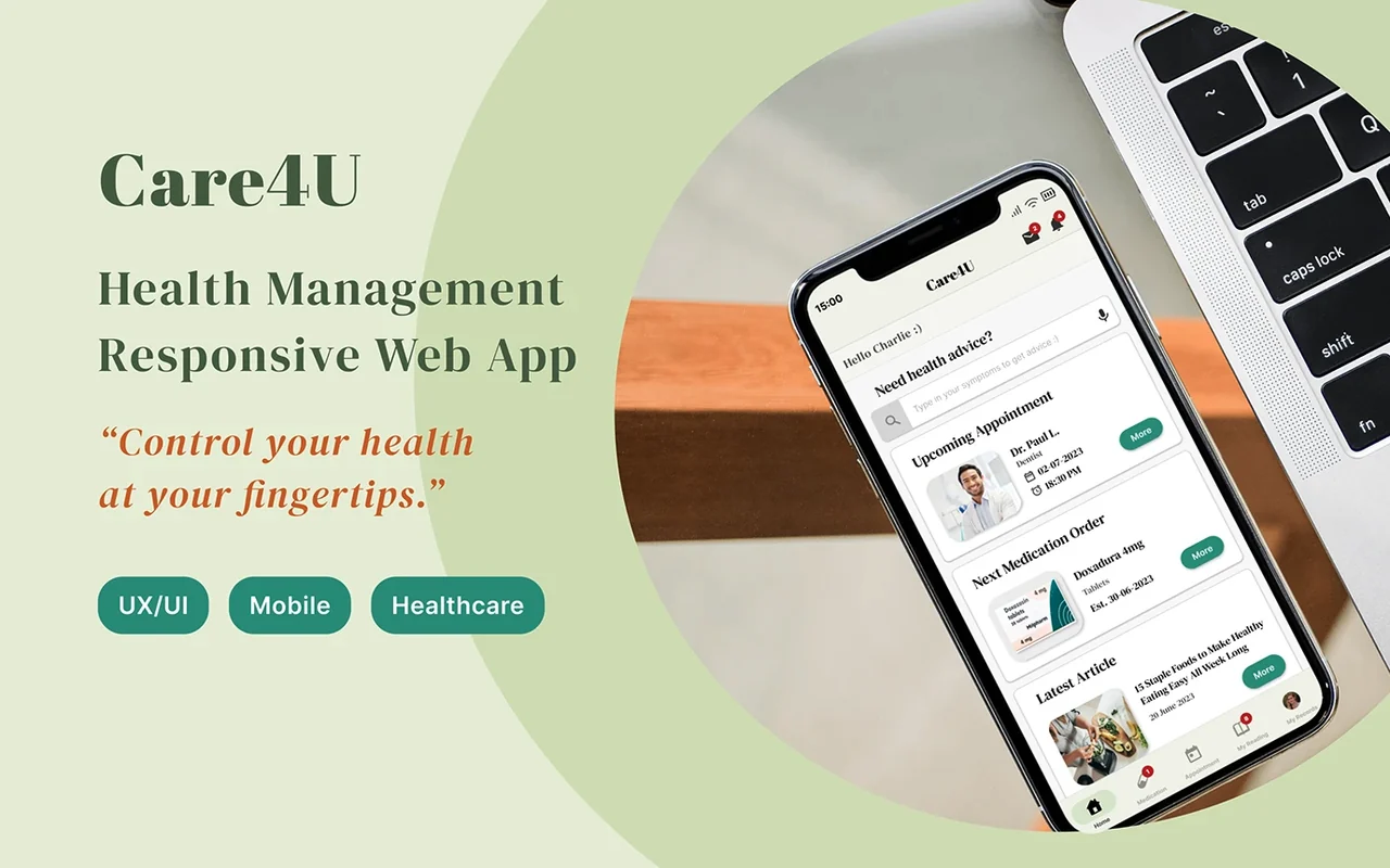Care4U mobile app screen showing an upcoming appointment, a medication order and a health article