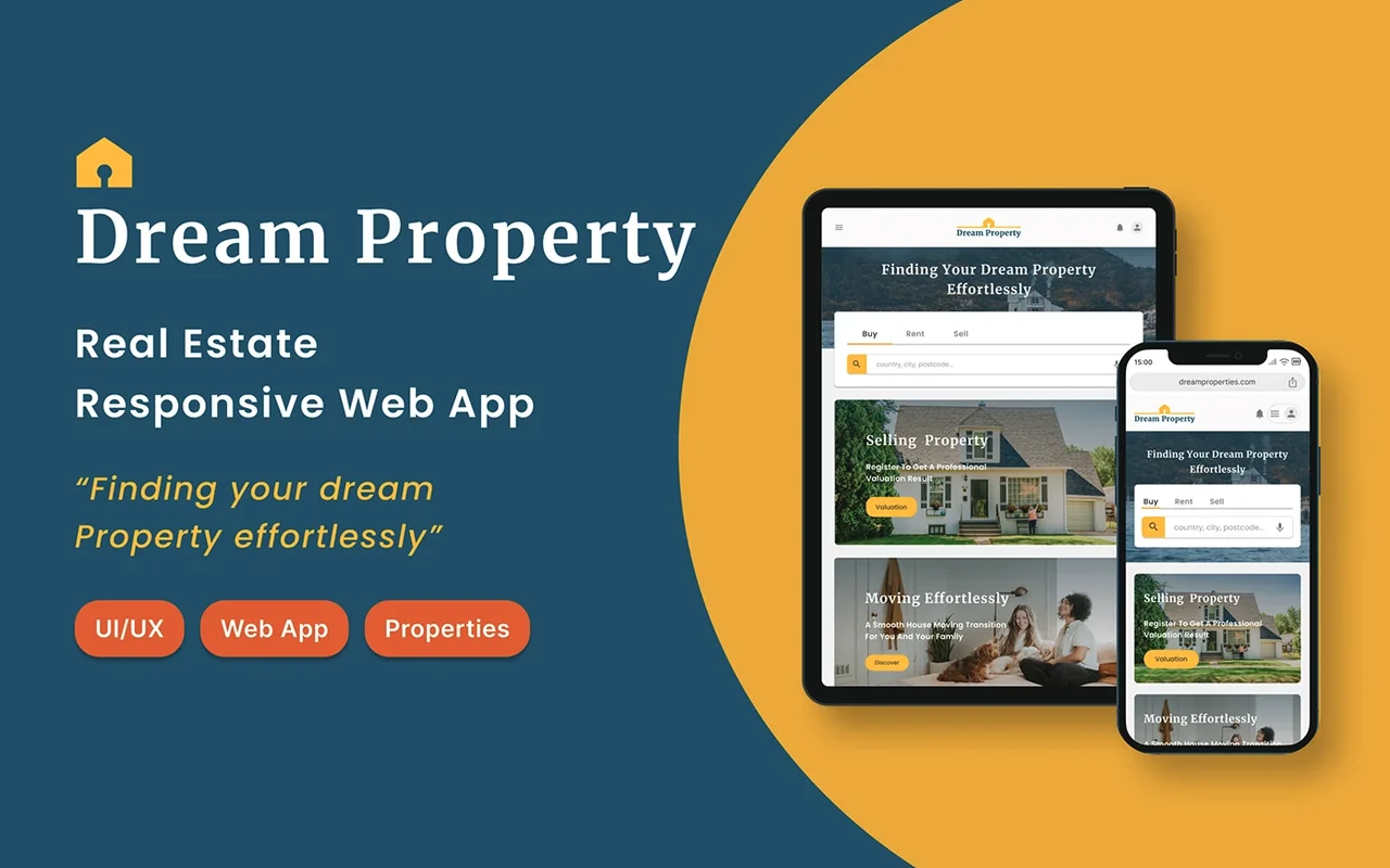Dream Property real estate web app shown on tablet and phone, with property search, valuation and moving screens